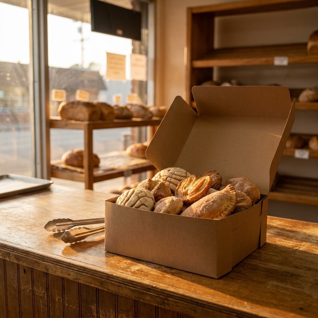Caja de panadería abierta llena de pan dulce surtido, con pinzas al lado