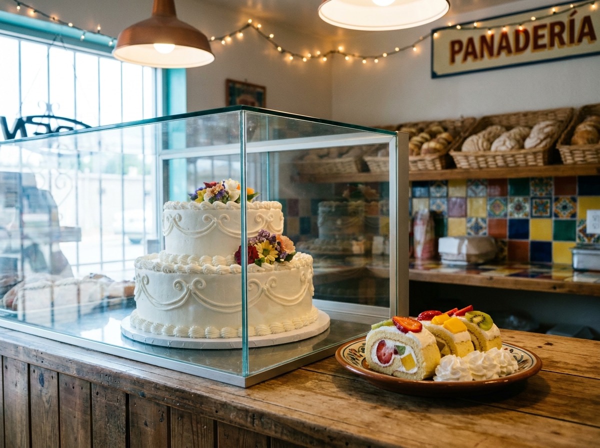 Pastel blanco decorado en vitrina de cristal con rebanadas de rollo de fruta al lado