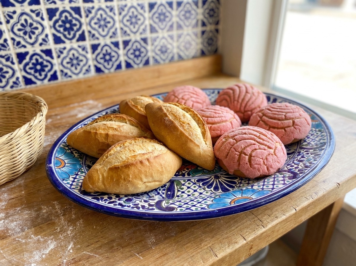 Bolillos y conchas rosas sobre un platón de talavera azul