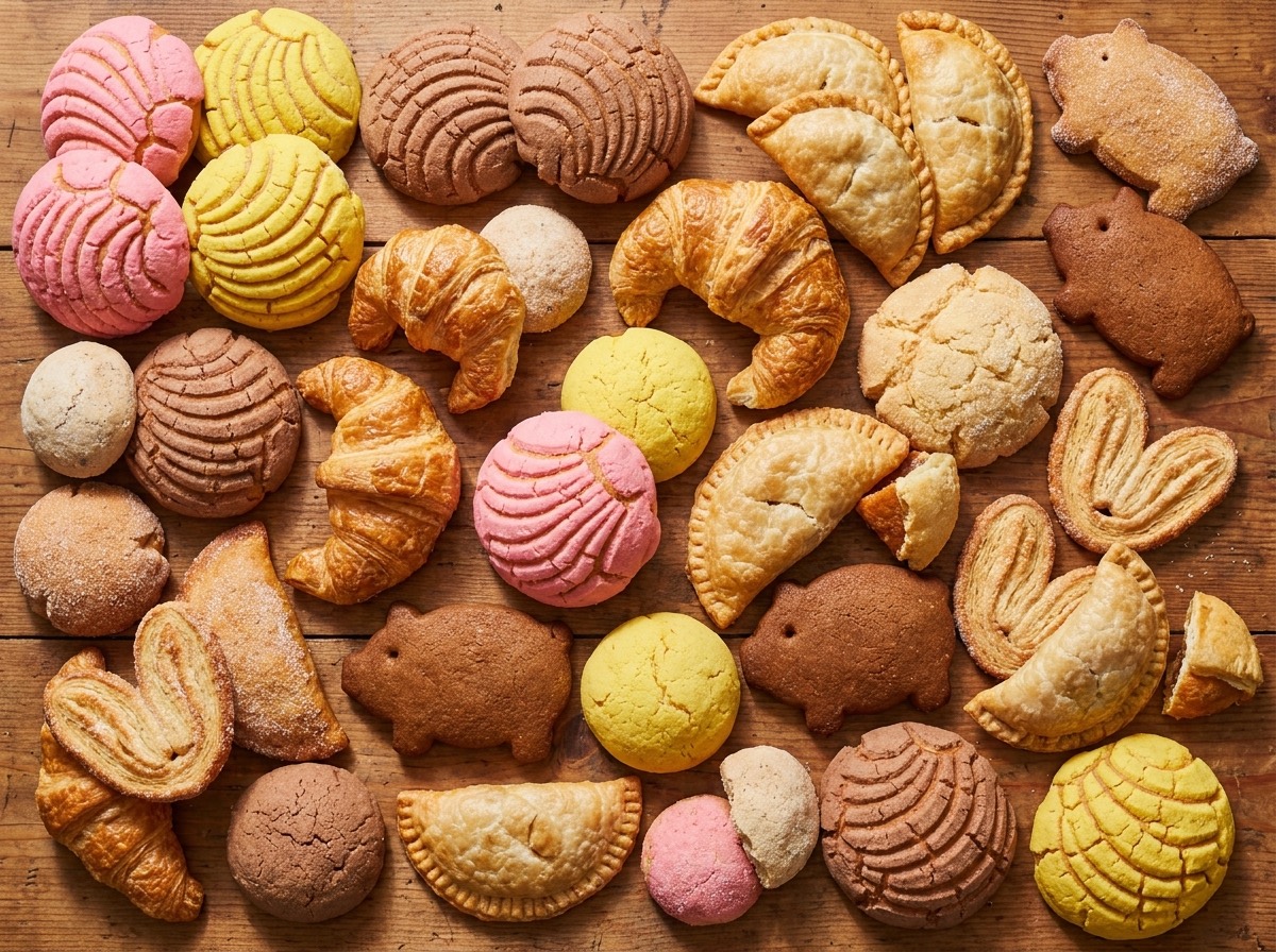 Gran variedad de pan dulce mexicano visto desde arriba: conchas, cuernos, empanadas, orejas y marranitos
